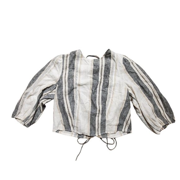 Soho Linen Blend Bohemian Striped Blouse Top Size L Balloon Sleeves Back Tie NWT - Picture 2 of 10